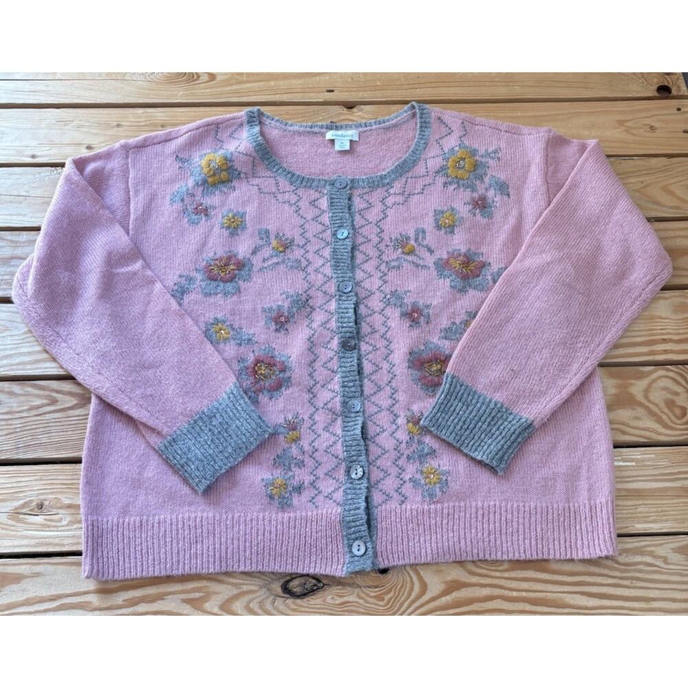 Sundance Women’s Embroidered Wool Blend Cardigan Sweater Size XL Pink Ba
